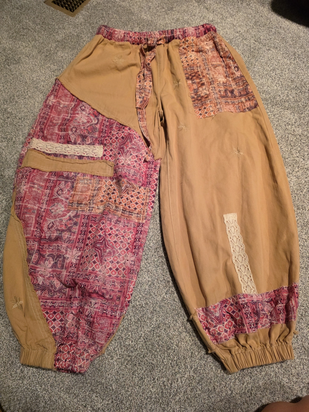 POL Patchwork Balloon Pants in Tan and Pink